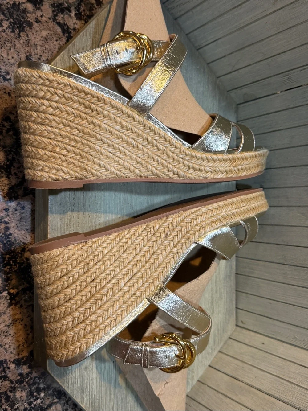New Stuart Weitzman Metallic Gold Wedge Sandals with Espadrille Platform 10 - Picture 9 of 13